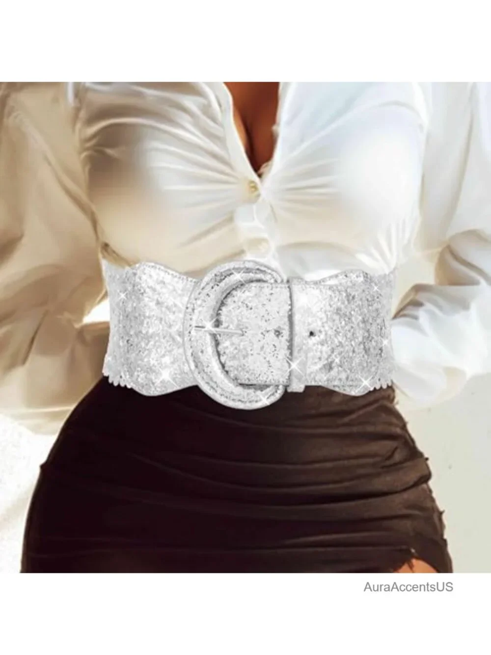 Sequin Bling Wide Waist Belt Elastic Sparkle Waistband for Dresses